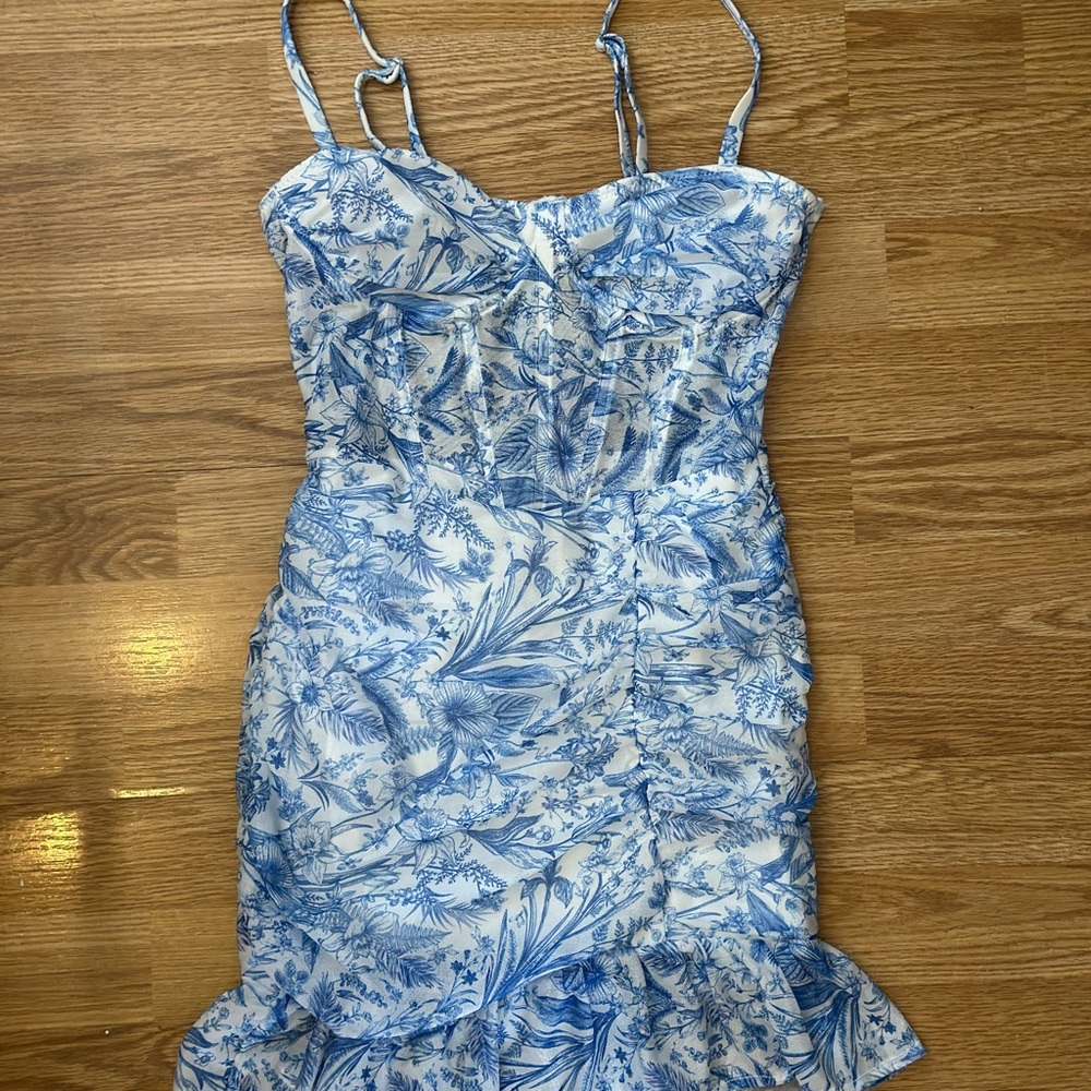 SHEIN Blue and White Ruched Ruffled Mini Dress